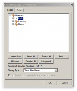 A member selector in the Measures dimension showing selection options and icons denoting Label Only members