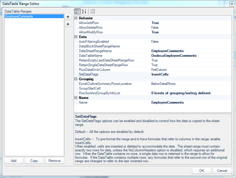 DataTable Range Editor associated with the SQL passthrough dataset on our view