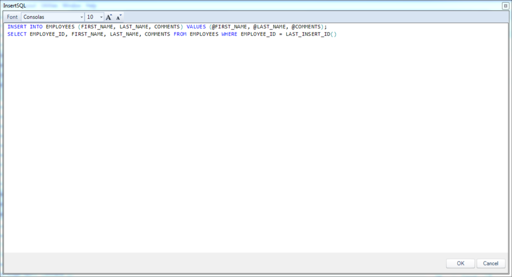 The InsertSQL value for the employees query on the employee SQL passthrough dataset