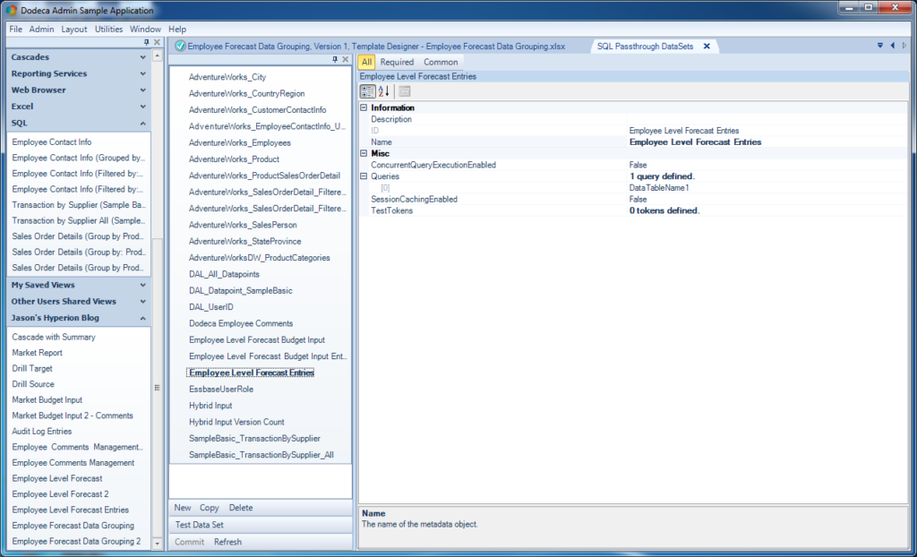 Base Dodeca SQL Passthrough DataSet configuration for demonstrative employee forecast data