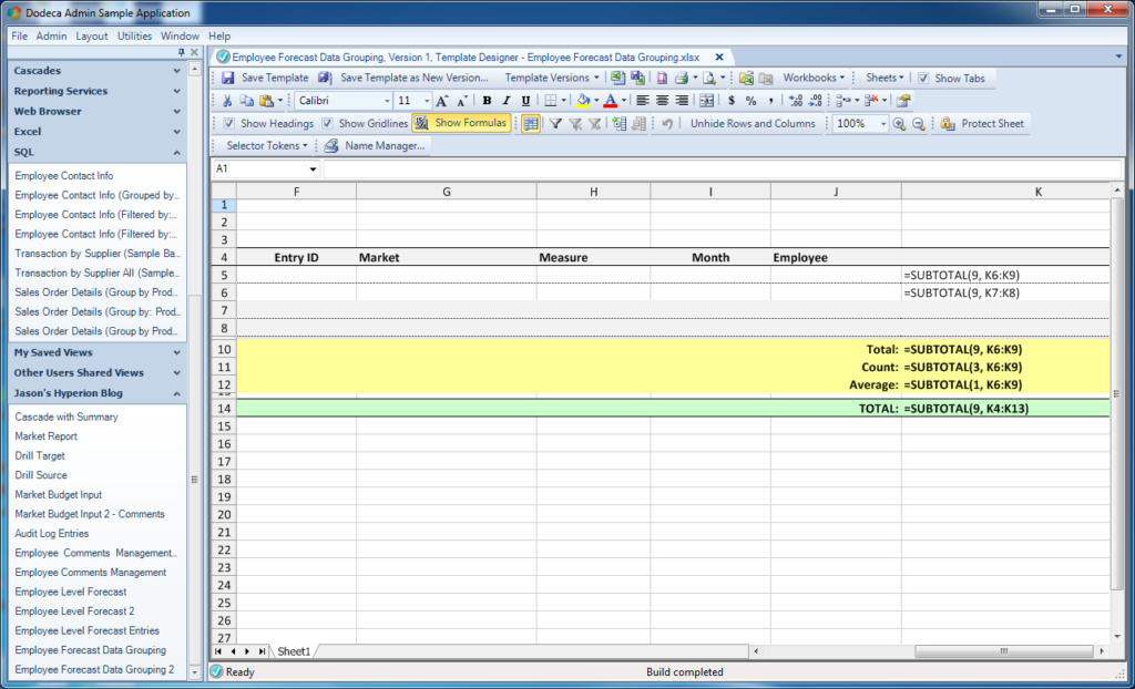 Excel template with formulas shown