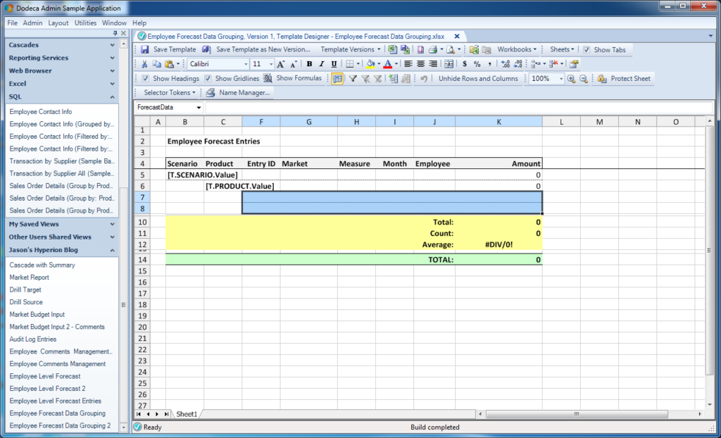 Excel template defined range for SQL Passthrough DataSet data