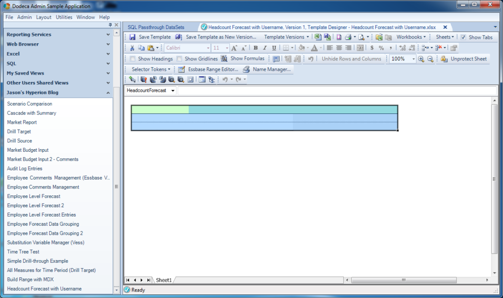 Excel template configuration for the headcount forecast editing area