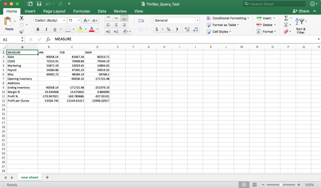 Drillbridge report downloaded to Excel