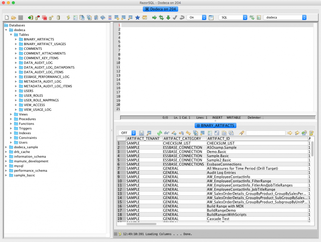 Overview of tables in a Dodeca repository