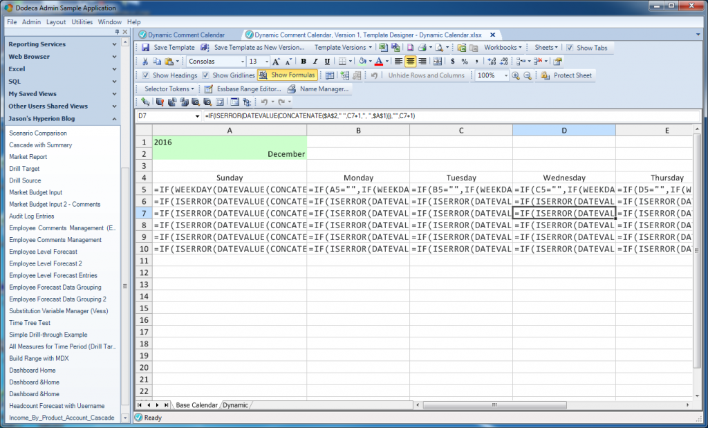 Formulae used for dynamic calendar