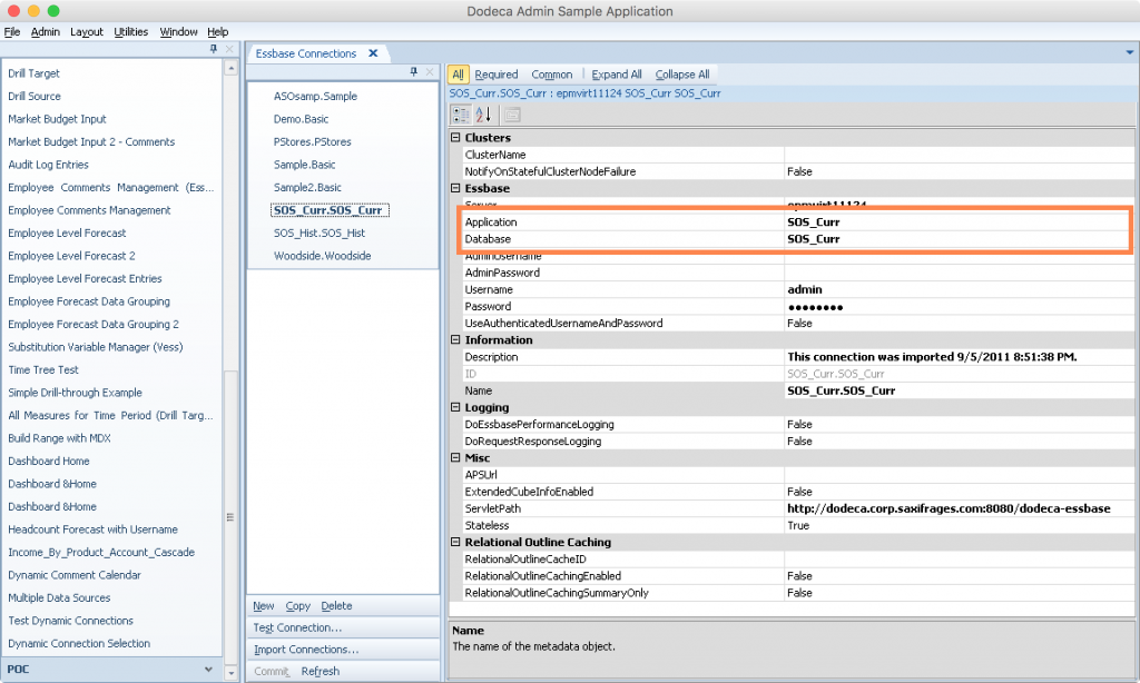 Dodeca screenshot editing details for an Essbase connection