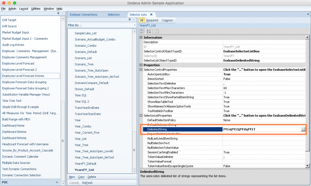 Editing an EssbaseDelimitedString selector list with entries for FY14-FY17