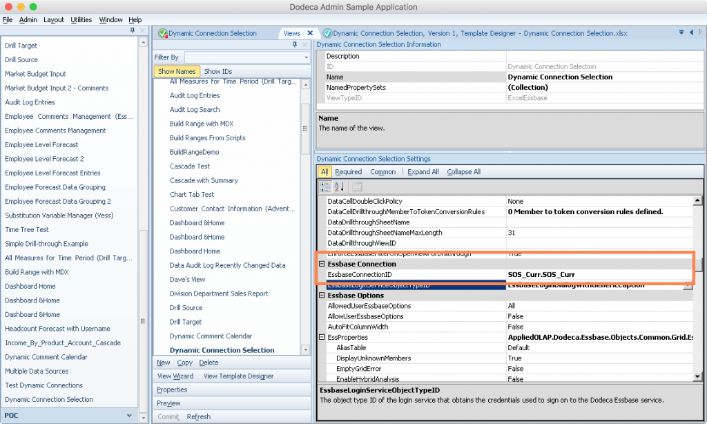 Editing a Dodeca view configuration to select an Essbase connection