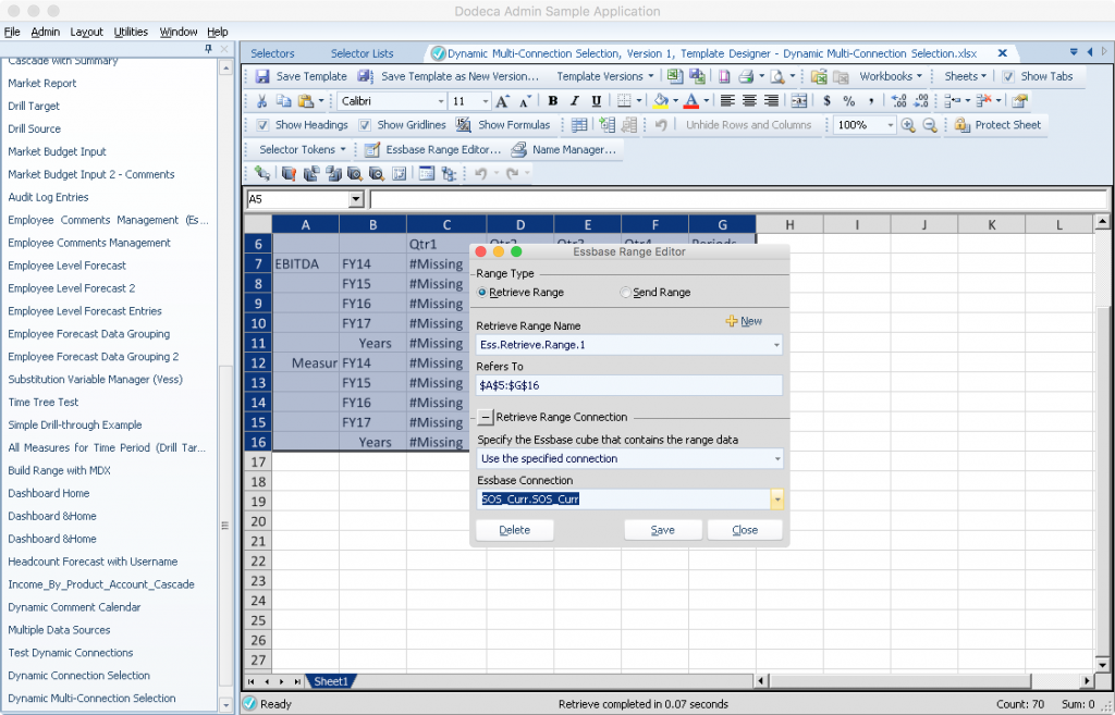 Dodeca Essbase Range Editor defining a specific retrieval connection