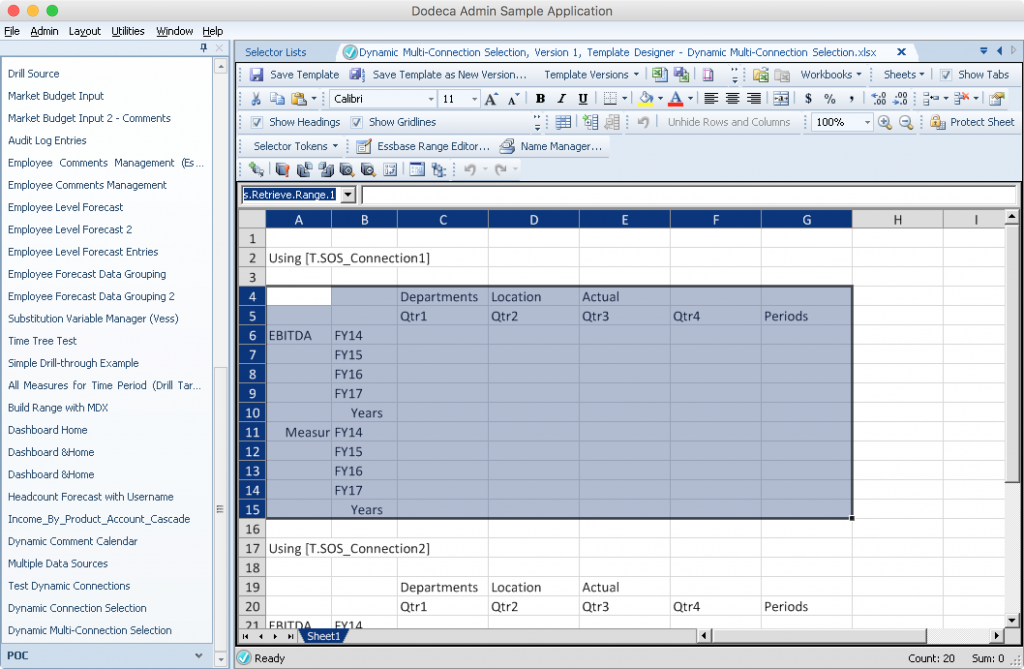 Dodeca template editor highlighting one of two Essbase retrieval areas