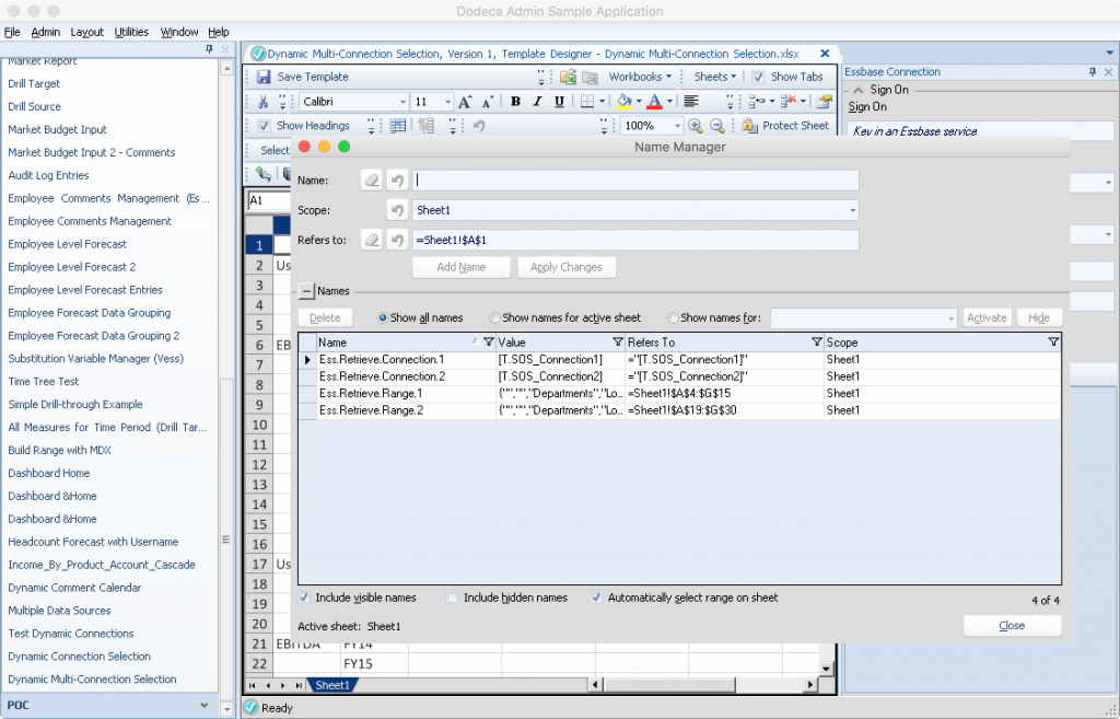 Dodeca template editor editing defined names in spreadsheet