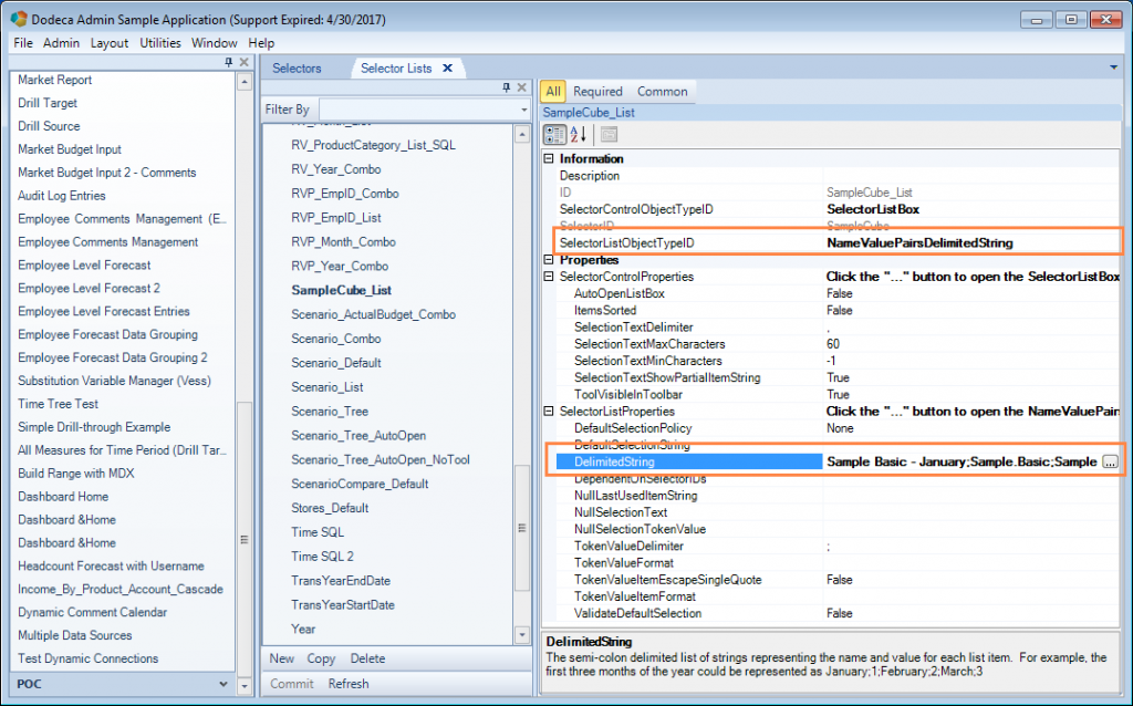 Dodeca Selector Lists editor editing a NameValuePairsDelimitedString selector list