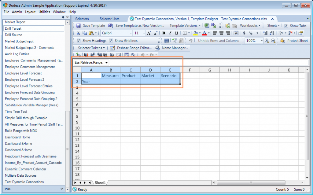 Dodeca spreadsheet template editor showing named Essbase retrieve range