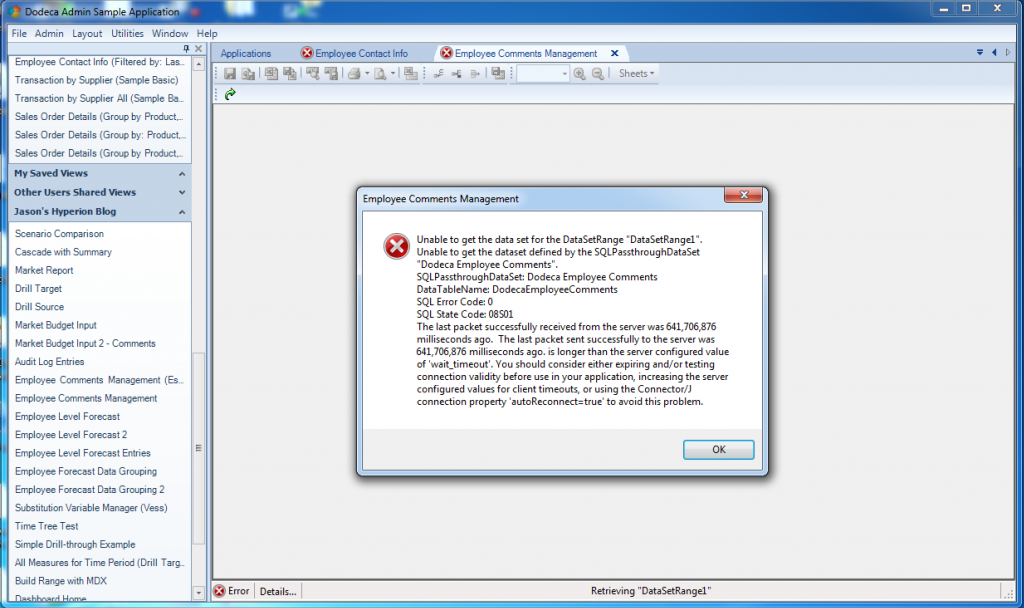 Dodeca error dialog reporting a timed out MySQL JNDI connection