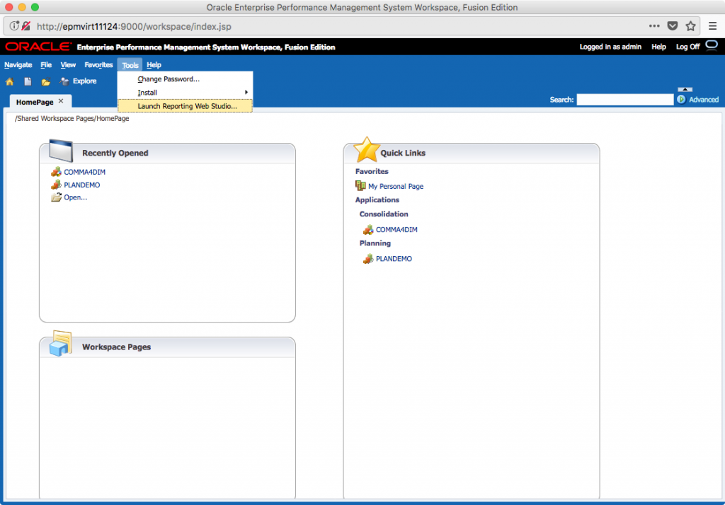 Hyperion Workspace main screen with Tools menu showing options, including Launch Reporting Web Studio