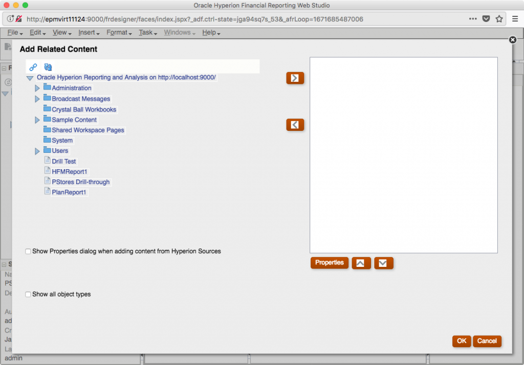 Add Related Content Dialog in Financial Reporting Web Studio