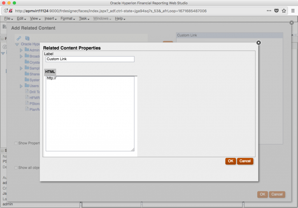 Related Content Properties dialog screen on Add Related Content in Financial Reporting Web Studio