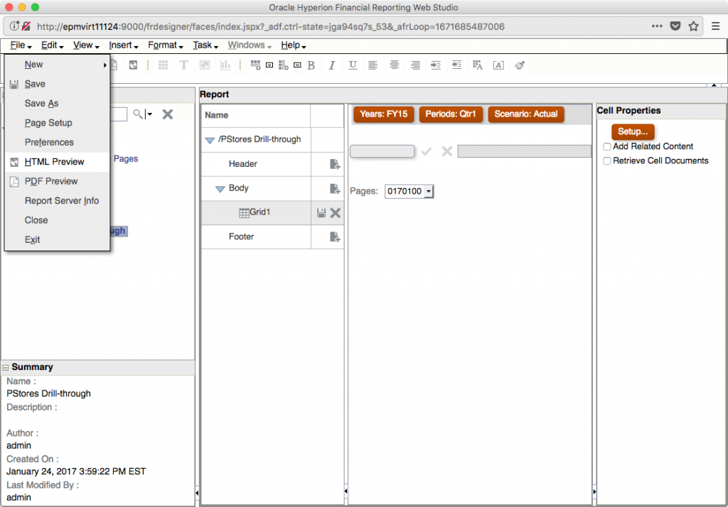 Financial Reporting Studio web editor with File menu highlighting the HTML Preview menu option