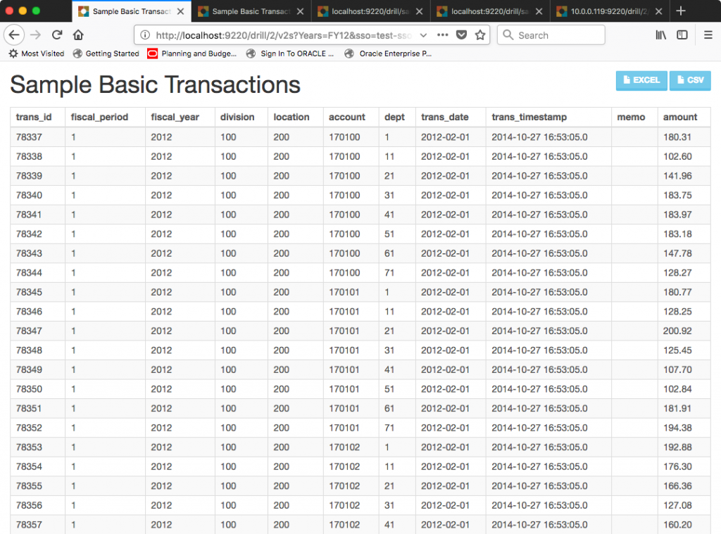 Firefox web browser showing a typical Drillbridge report named Sample Basic Transactions