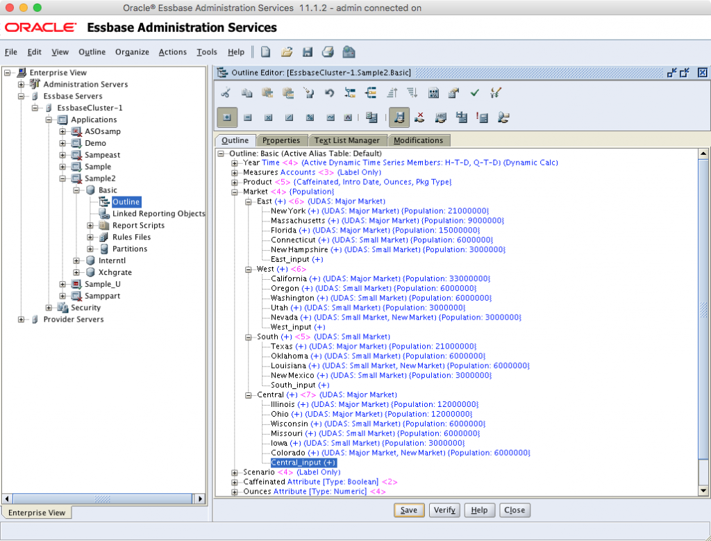 Viewing Sample/Basic outline in EAS showing that Market dimension has been augmented with level-0 input members