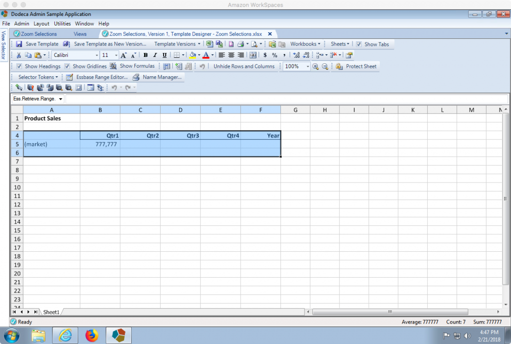 Dodeca view designer showing initial Essbase retrieve range