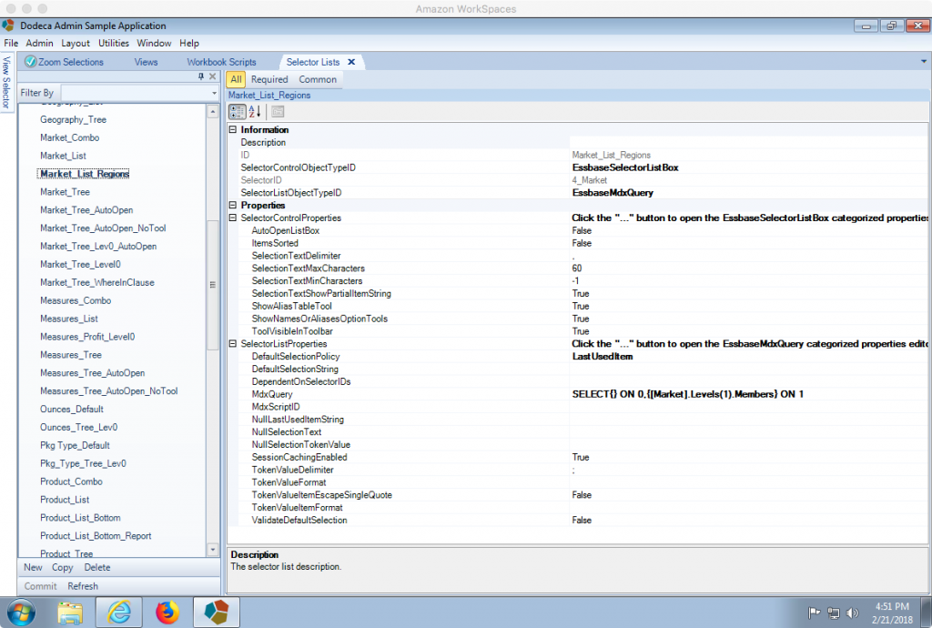 Setting options for the Market selector list