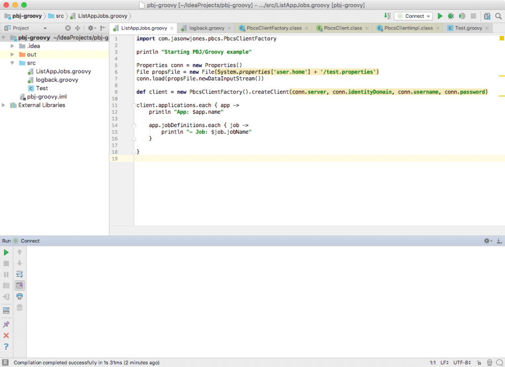 IDE screenshot of Groovy file using PBJ PBCS library to connect to PBCS and get list of jobs in all apps