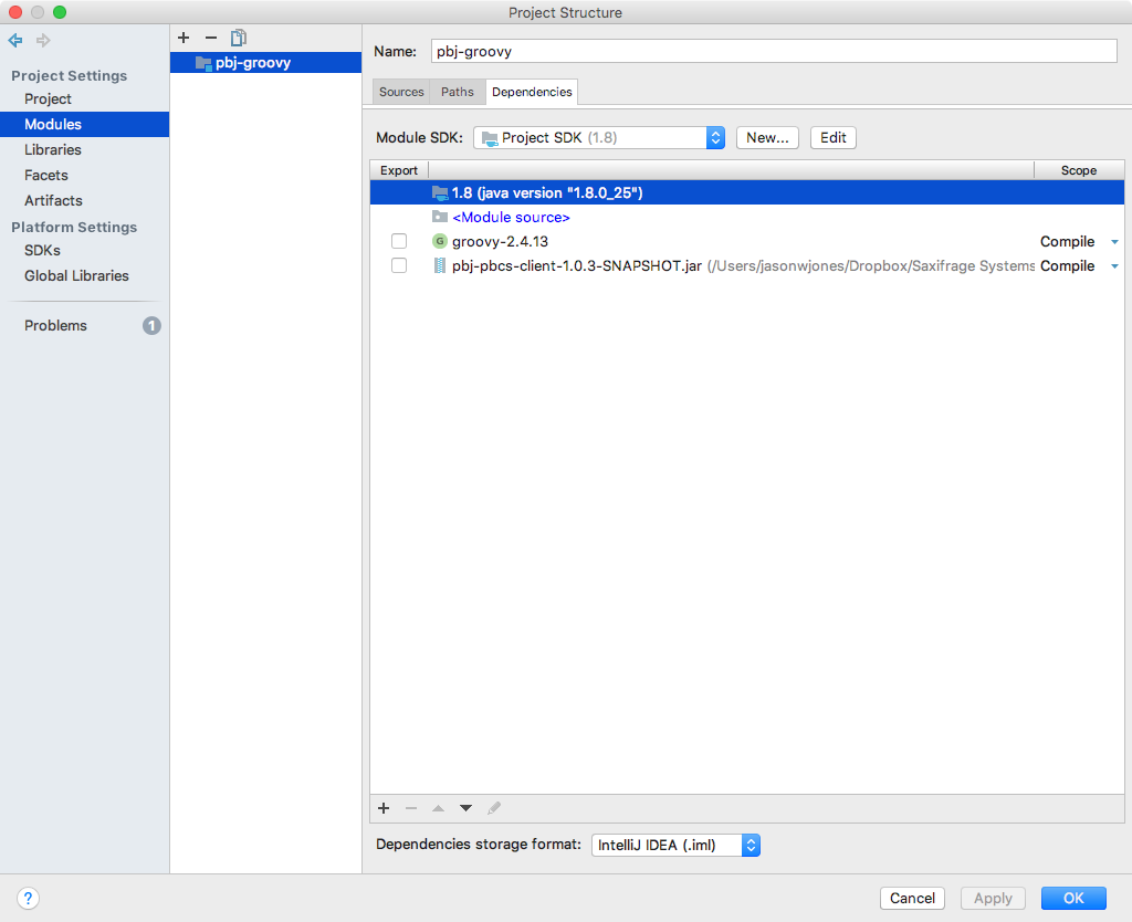 IntelliJ Project Structure window showing Modules for Groovy test script