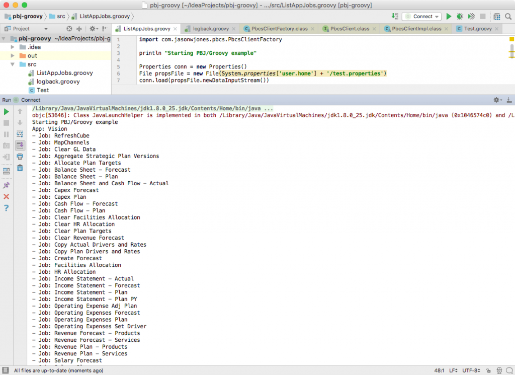 IntelliJ IDE showing output from the Groovy test script
