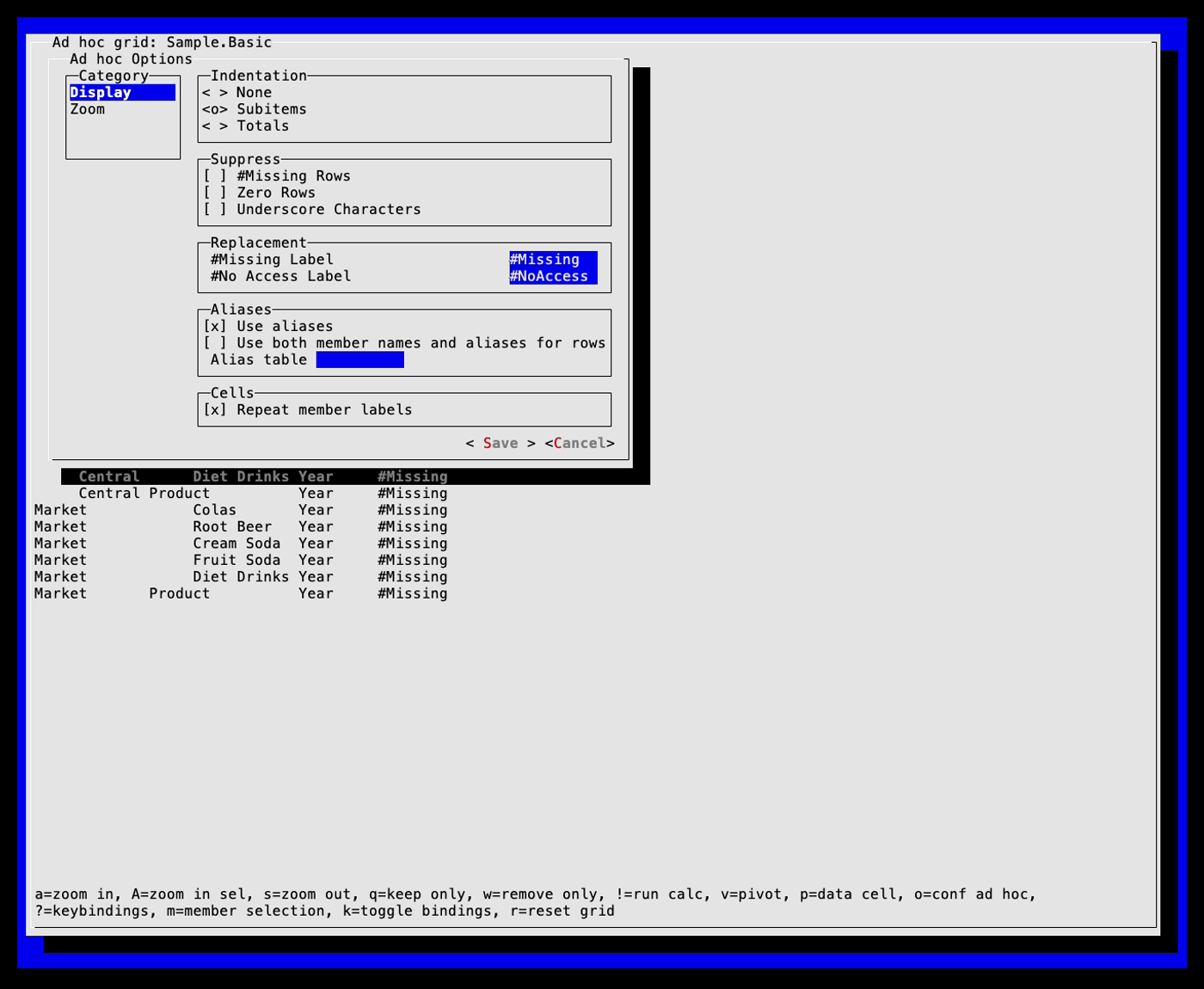 The Essterm ad hoc options dialog, with sections for indentation, suppression, replacement labels, aliases and repeated member labels