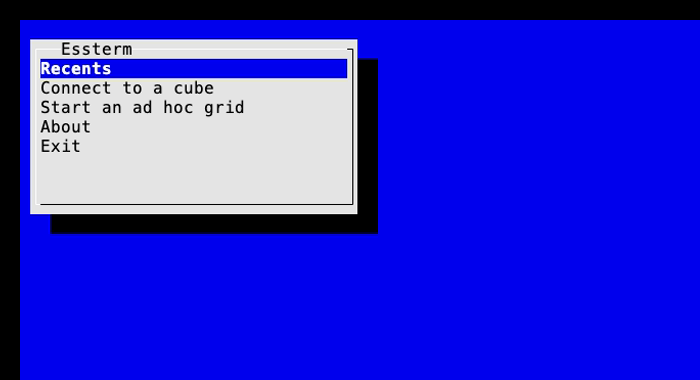 The Essterm launcher: a menu offering Recents, Connect to a cube, Start an ad hoc grid, About and Exit