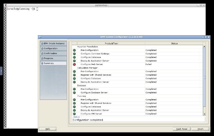 Oracle's EPM System Configurator on a Linux desktop inside a container, viewed through noVNC: the summary lists every configuration task as Completed except Configure Web Server, which Failed