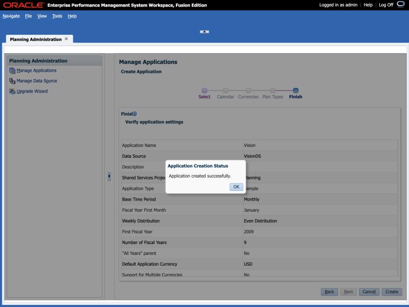 Oracle EPM Workspace, Planning Administration: the settings for a new Vision sample application, with a dialog reading "Application created successfully"